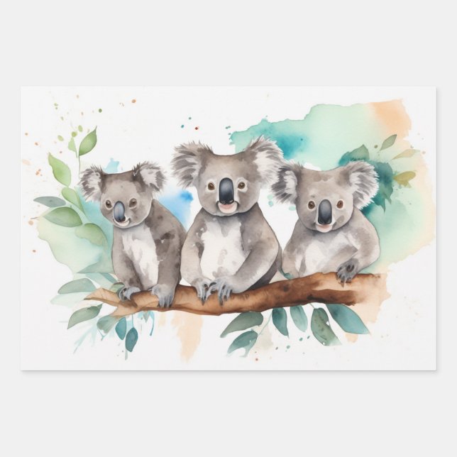 Koala in Watercolor Outback Landscape Wrapping Paper Sheets (Front)