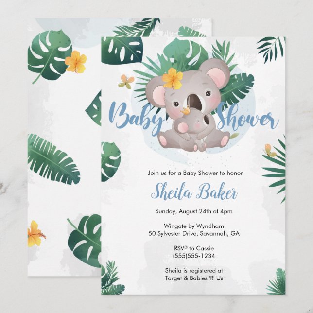 Koala Invitation, Koala Boy Baby Shower Invite (Front/Back)