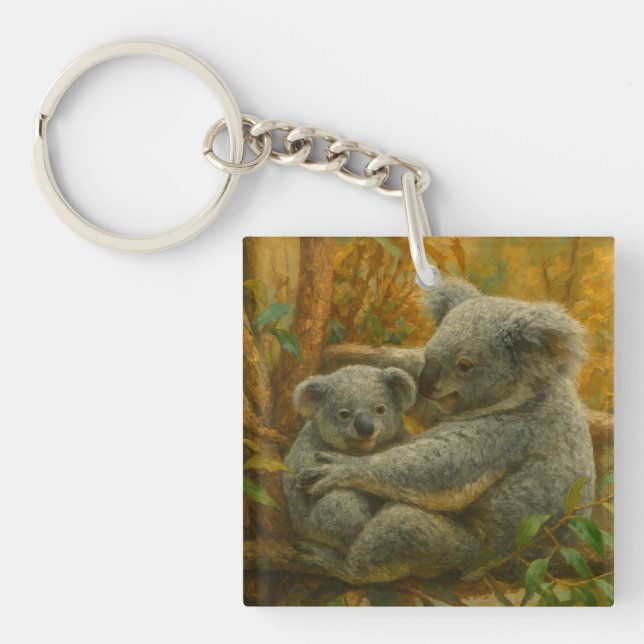 Koala Mother and Joey in Autumn Canopy Keychain (Front)