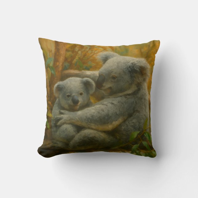 Koala Mother and Joey in Autumn Canopy Throw Pillow (Front)