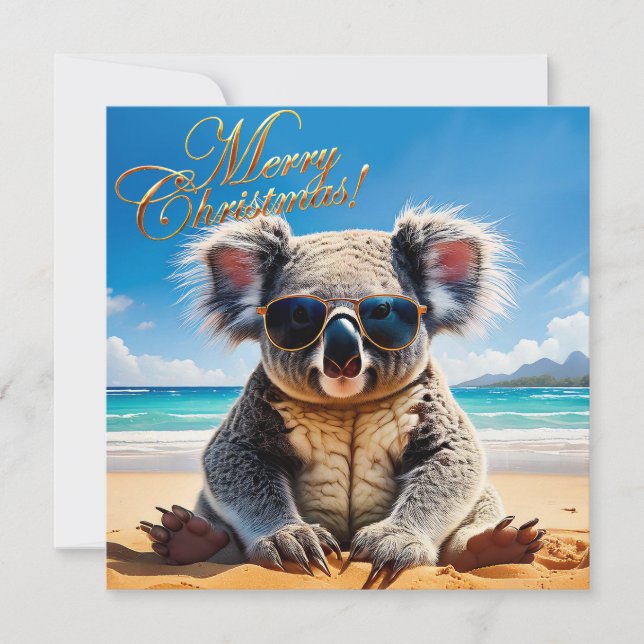 Koala on a sandy beach Merry Christmas Holiday Card (Front)