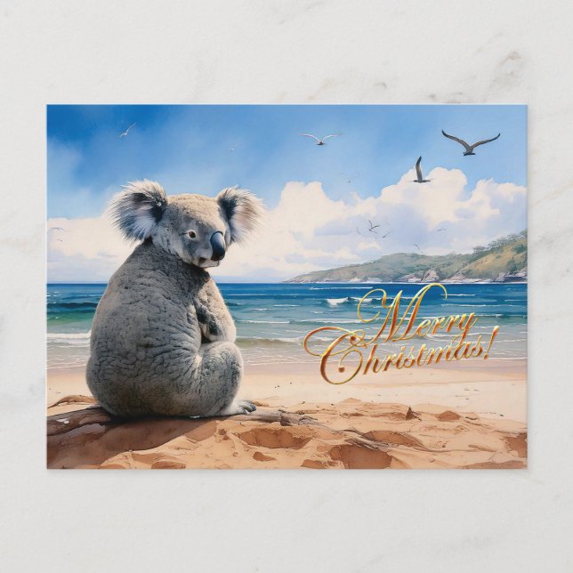 Koala on a sandy beach Merry Christmas Postcard (Front)