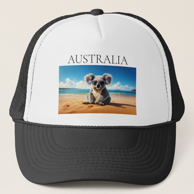 Koala on a sandy beach  trucker hat (Front)