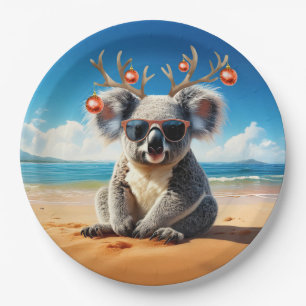 Koala on beach wearing antlers and baubles paper plates