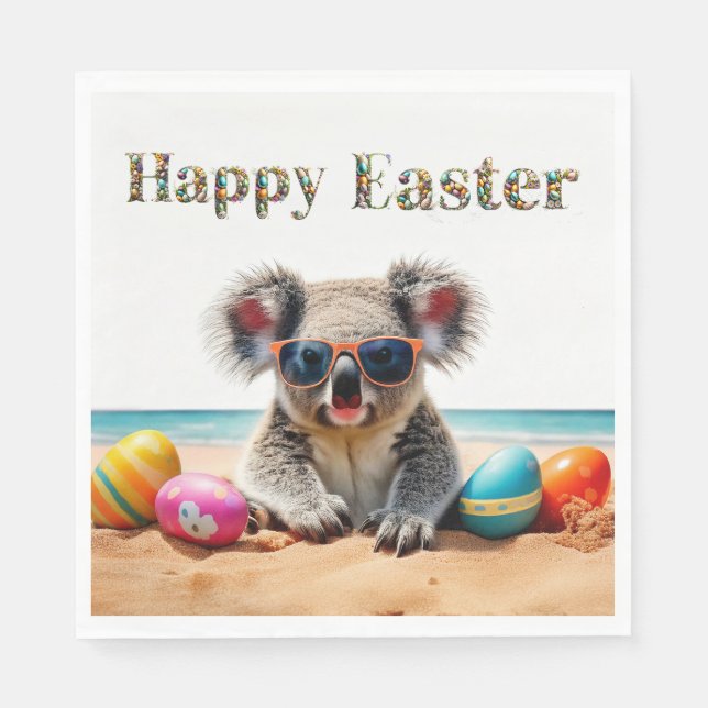 Koala on beach with Easter eggs Happy Easter Napkins (Front)