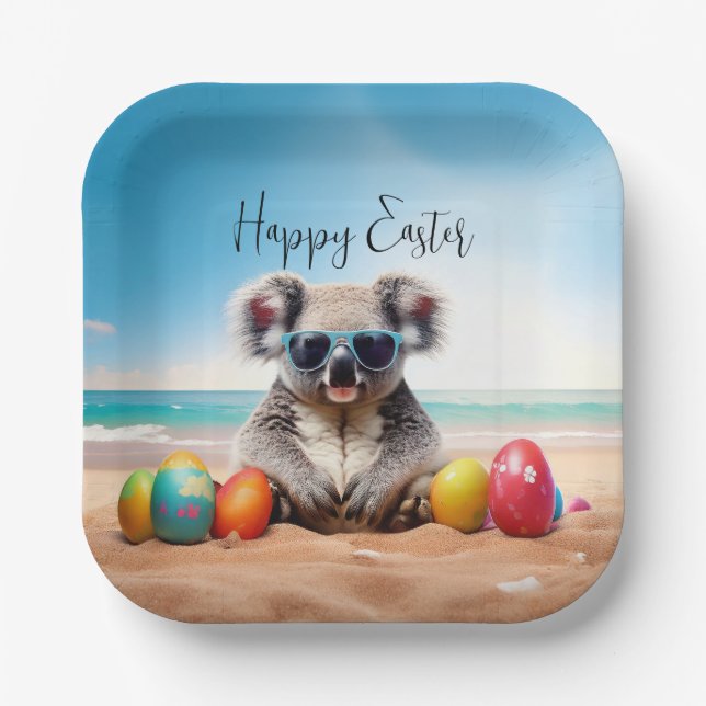 Koala on beach with Easter eggs Happy Easter Paper Plates (Front)