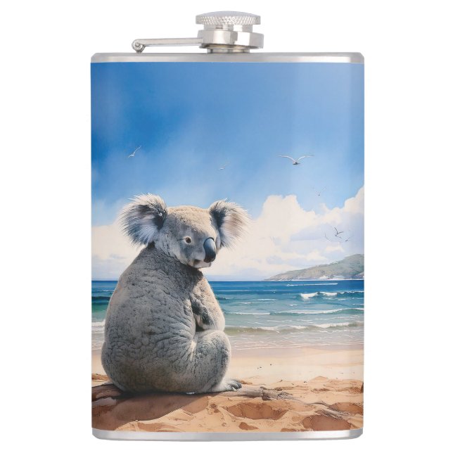 Koala on sandy beach flask (Front)