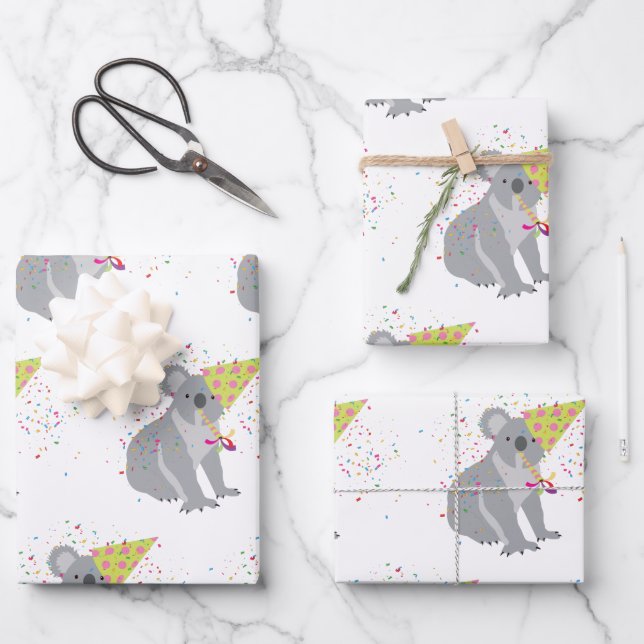 Koala Partying - Animals Having a Party Wrapping Paper Sheets (Front)