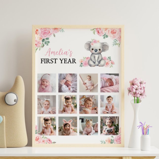 Koala Pink Floral First Year Photo Milestone Sign (Creator Uploaded)
