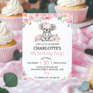 Koala Pink Floral Greenery Girl Birthday Party Invitation