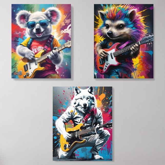 Koala playing guitar, rock graffiti acrylic photo tile (Front Set)