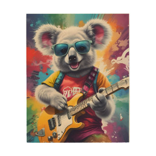 Koala playing guitar, rock graffiti wood wall art
