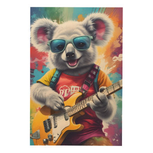 Koala playing guitar, rock graffiti wood wall art