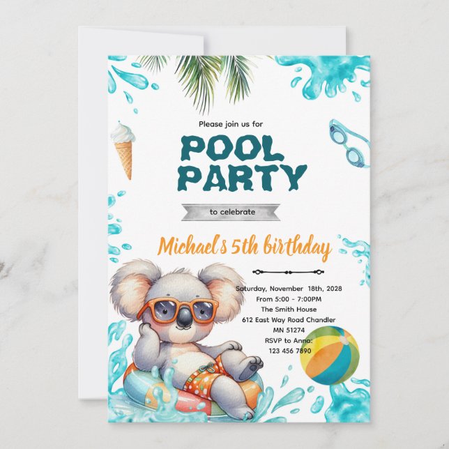 Koala Pool Party Birthday Invitation (Front)