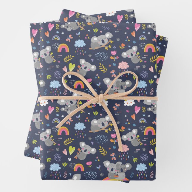 Koala Rainbow Love Pattern Wrapping Paper Sheets (In situ)