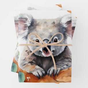 Koala Resting in Watercolor Bushland Wrapping Paper Sheets