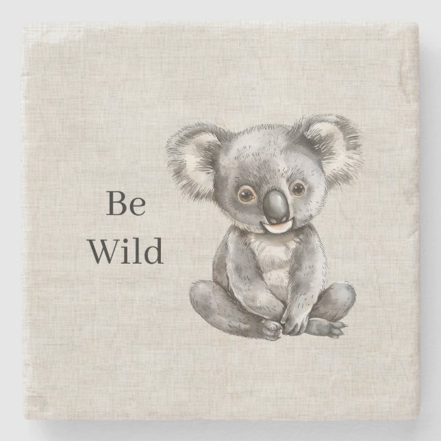 Koala Safari Animal Faux Linen Stone Coaster (Front)
