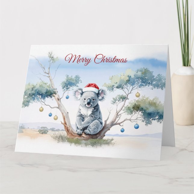 Koala Sitting in a Gum tree Merry Christmas Card (Front)