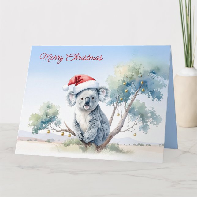 Koala Sitting in a Gum tree Merry Christmas Card (Front)
