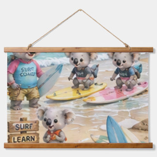 Koala Surf School Fun on a Sunny Beach Hanging Tapestry