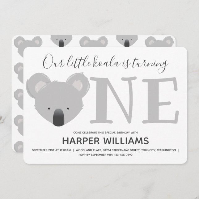 Koala Turning One Cute Animal 1st Birthday  Invitation (Front/Back)