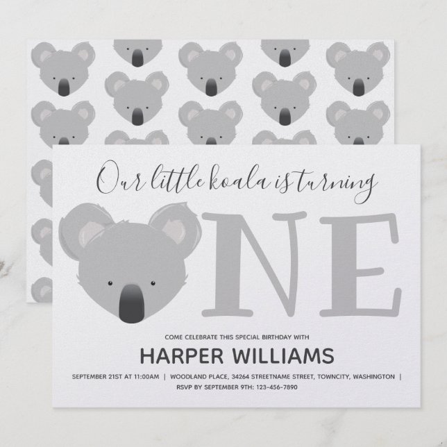 Koala Turning One Cute Animal First Birthday Invitation (Front/Back)