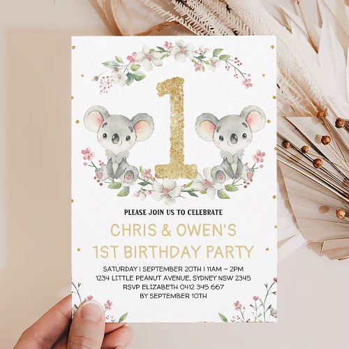 Koala Twins 1st Birthday Wild One Invitation