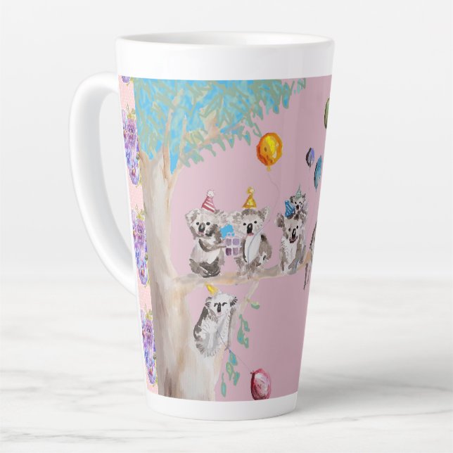 Koala Watercolor Pink Birthday Party Latte Mug (Left Angle)