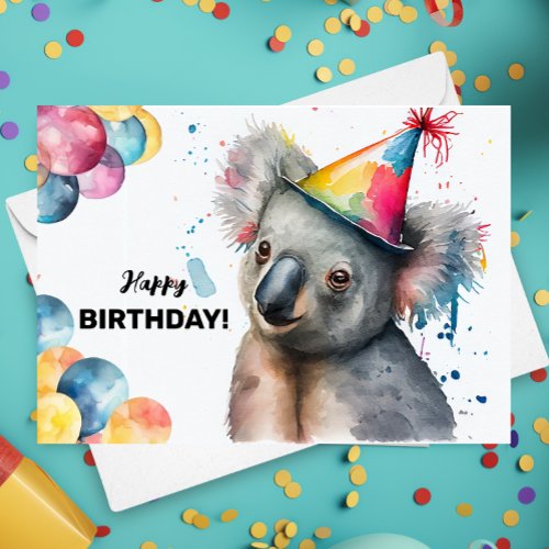Koala with Balloons and Party Hat Happy Birthday Card