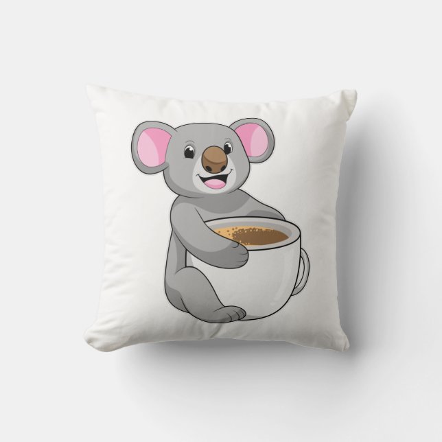 Koala with Coffee Cup Throw Pillow (Front)
