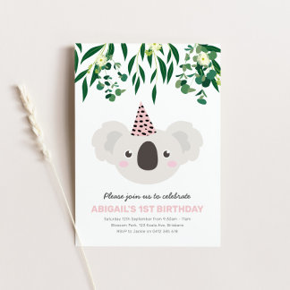 Koala With Pink Party Hat Birthday Invitation