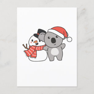 Koala With Snowman In Winter For Christmas Holiday Postcard