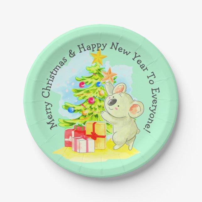 Koala with Tree, 7" Australian Christmas Party  Paper Plates (Front)