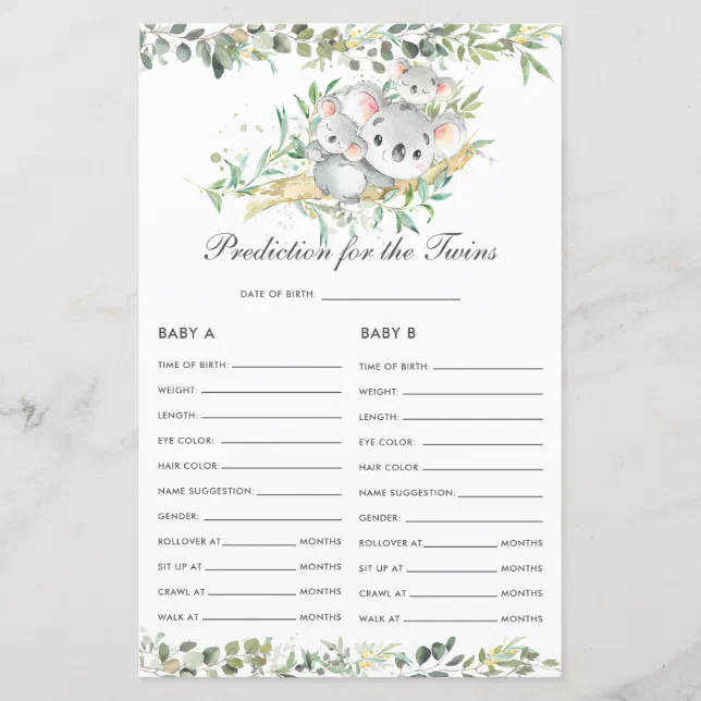 Koalas Baby Greenery Prediction for Twins Activity Zazzle