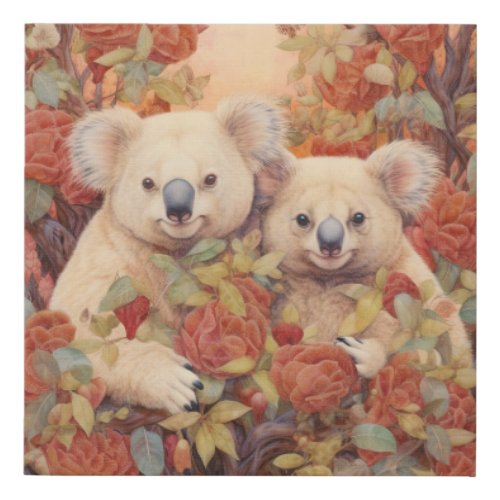 Koalas in a Flowering Gum Tree Faux Canvas Print