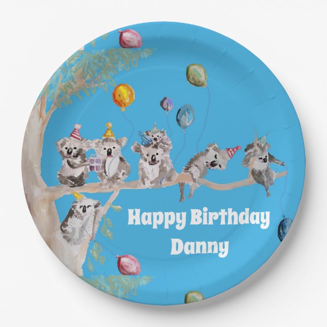 Koalas koala Birthday Party Blue Paper Party Plate (Front)