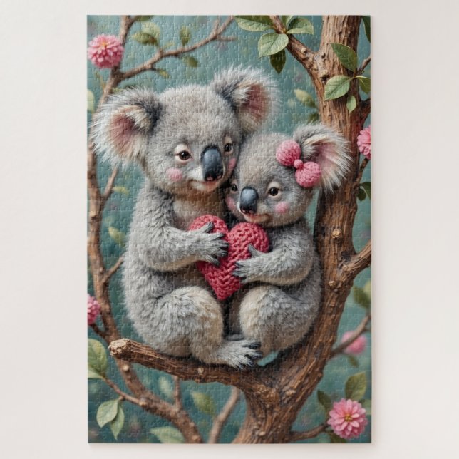 Koalas Snuggled Tight on Eucalyptus Branch Jigsaw Puzzle (Vertical)