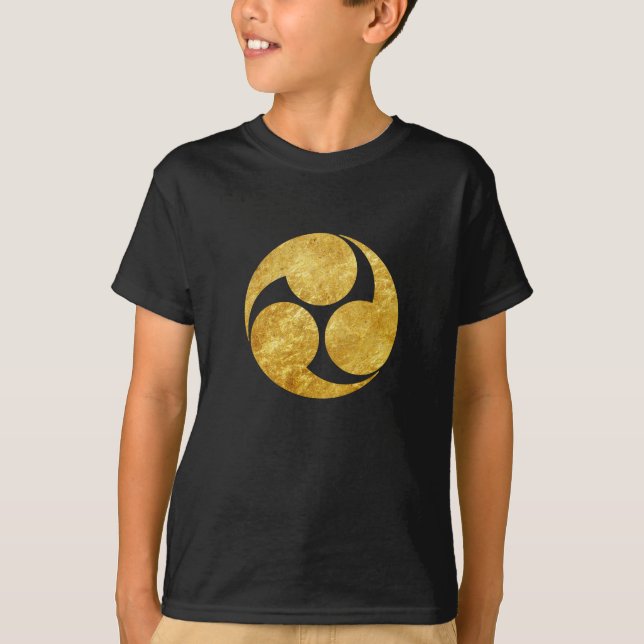 Kobayakawa Mon Japanese clan faux gold on black T-Shirt (Front)