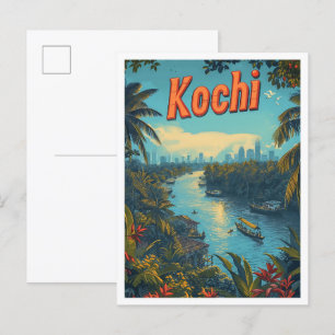 Kochi Kerala India Vintage Art Travel Illustration Postcard
