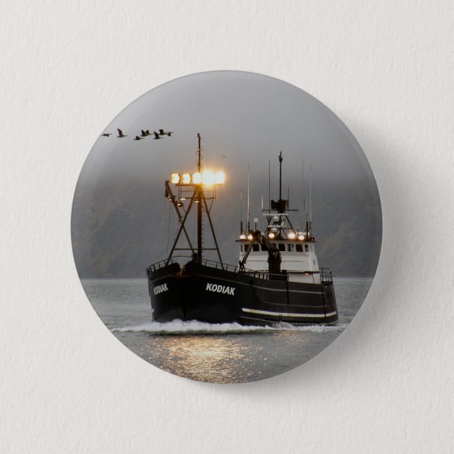 Kodiak, Crab Boat in Dutch Harbor, Alaska Button (Front)