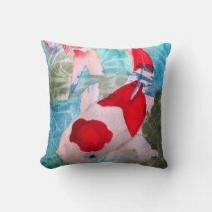 Kohaku Koi 2 Japanese Fish watercolor art Throw Pillow