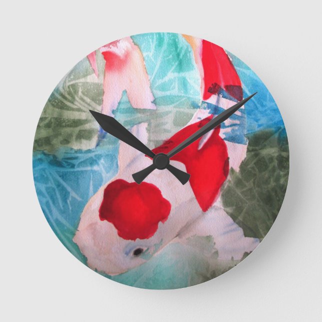 Kohaku Koi 2 Japanese watercolor fish art Round Clock (Front)