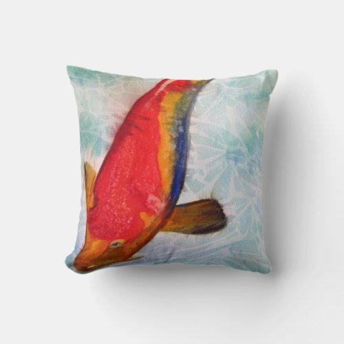 Kohaku Koi Japanese fish blue watercolor art Throw Pillow