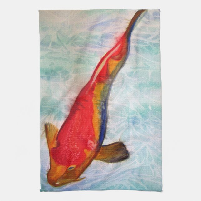 Kohaku Koi watercolour art Japanese Fish Kitchen Towel (Vertical)