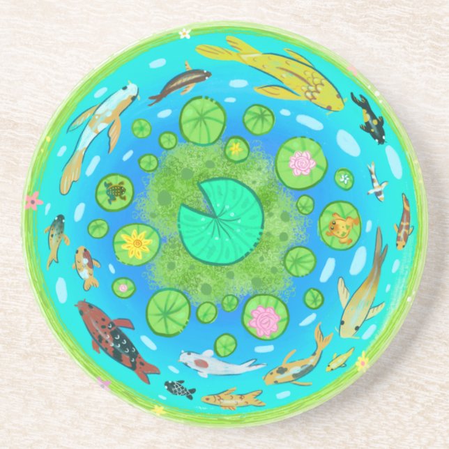 Koi and Goldfish Circular Pond  Coaster (Front)