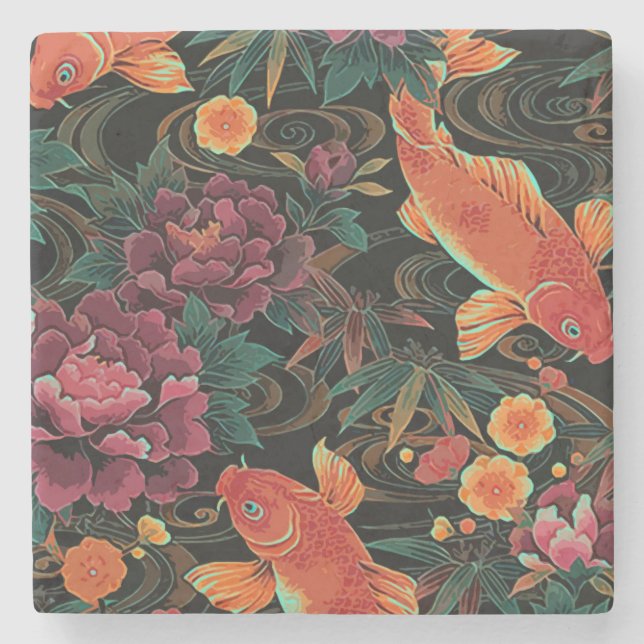 Koi and Peonies Stone Coaster (Front)