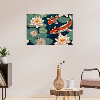 Koi and Water Lilies in Garden Pond Poster