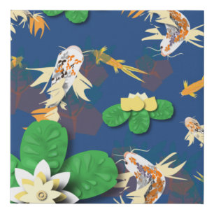 Koi Carp and Lotus Flowers Faux Canvas Print