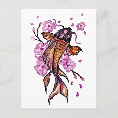 Koi Carp and Pink Blossoms Postcard