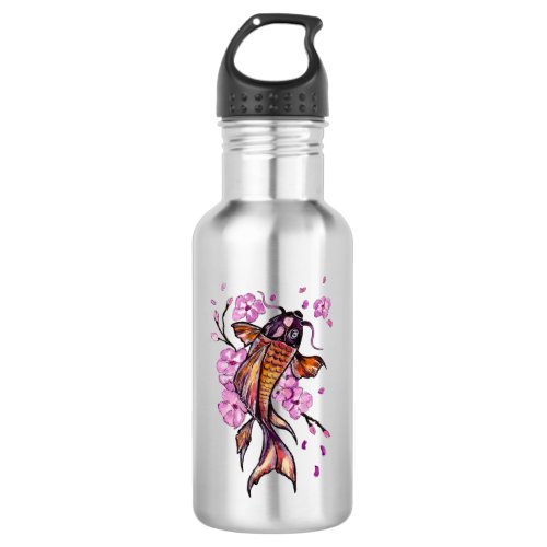 Koi Carp and Pink Blossoms Stainless Steel Water Bottle
